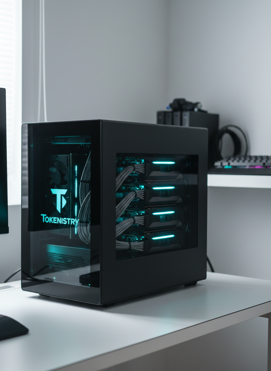A sleek, matte-black mid-tower GPU server with a subtle Tokenistry-style logo glowing in cool cyan on its side panel, resting on a clean white workstation in a modern home office. The tempered glass window reveals meticulously arranged high-end GPUs with softly pulsing LED status lights and thick, braided power cables. Soft, diffused daylight enters from an unseen window, creating gentle reflections on the case and a calm gradient on the wall behind. Shot at eye level with a shallow depth of field so the foreground server is razor sharp while background shelves with neatly arranged tech gear blur into bokeh. The photographic realism and minimalist composition create a professional, trustworthy mood that conveys home-hosted AI compute power and reliability.