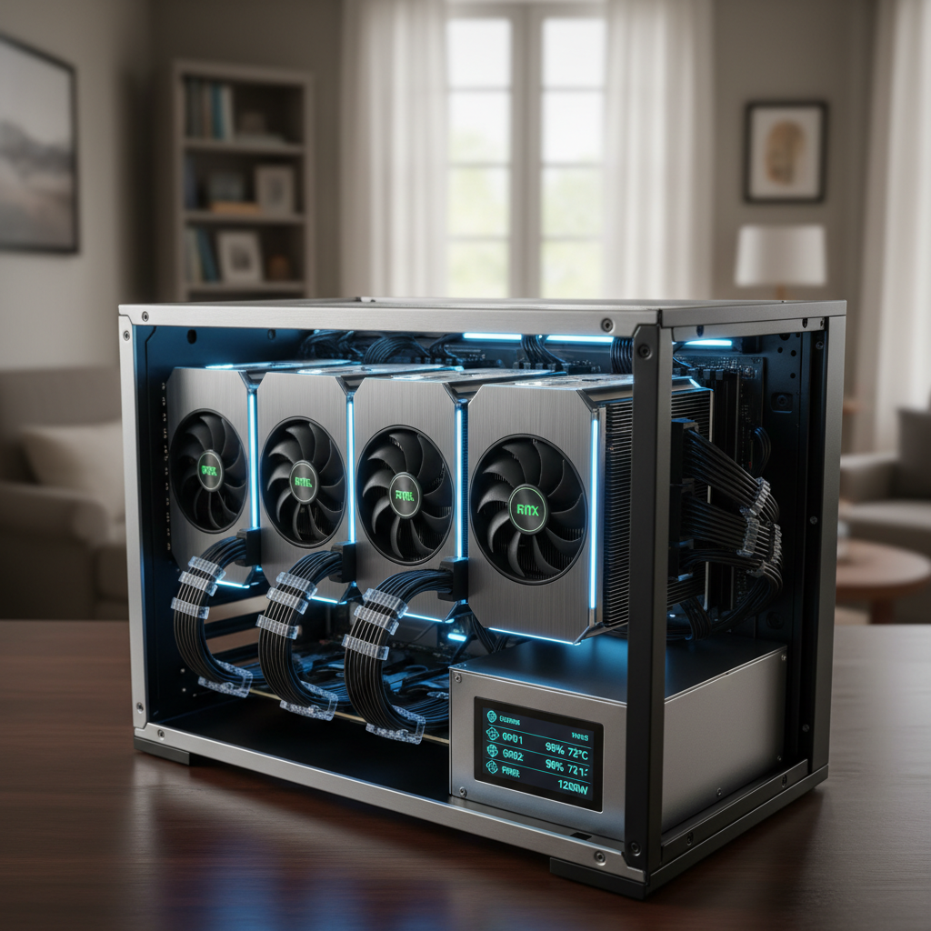 An ultra-detailed close-up of an open GPU server chassis on a wooden desk, showing multiple NVIDIA-style GPUs seated in PCIe slots, their metallic heatsinks and fans catching highlights from overhead LED strip lighting. Thick power cables curve neatly with cable combs, and a small display on the front panel shows live metrics like GPU utilization and temperature in clean turquoise digits. The background is a softly blurred home environment with neutral tones, suggesting a dedicated AI compute corner. Captured from a slightly elevated three-quarter angle, with sharp focus on the GPU array and a gentle falloff toward the rear of the chassis. The photographic image feels precise, technical, and quietly powerful, echoing the idea of an AI factory miniaturized for the home.