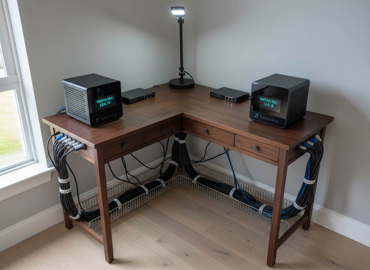 A bird’s-eye view of a thoughtfully organized home AI lab corner: a dark oak desk supporting two compact GPU servers with perforated side panels, a small rack-mount switch, and a labeled power distribution unit. Each server has tiny front displays showing token generation throughput and inference jobs, glowing in crisp teal characters. Cables are meticulously bundled and labeled, flowing into a floor-level cable tray. Soft overcast daylight from a nearby window blends with cool white task lighting, producing a balanced, neutral illumination with minimal shadows. The photographic composition emphasizes structure and clarity, with all elements in focus, creating an atmosphere that is professional yet domestic. The scene communicates how Tokenistry turns everyday spaces into reliable, distributed AI workload hubs without visual chaos.