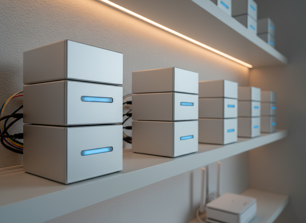 A network of compact, stackable GPU nodes, each a small matte-aluminum cube with a subtle brushed texture and a front strip of soft blue status LEDs, arranged on minimalist white shelving along a wall. Slim fiber and Ethernet cables route cleanly between nodes and into a discreet home router, emphasizing distributed AI compute. Warm, indirect LED lighting from above casts gentle shadows and subtle reflections on the aluminum surfaces, creating depth without clutter. The composition is shot from a slightly low angle, using the rule of thirds to lead the eye along the line of nodes, with a sharp foreground and gradually softer background. The photographic realism and clean, modern aesthetic convey scalability, order, and quiet efficiency in a home-hosted AI factory.